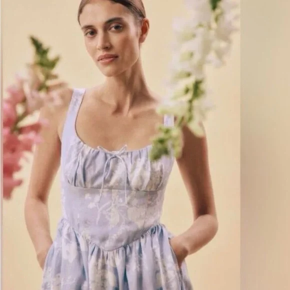 Reformation Balia Linen Dress Angelic Floral Blue Midi NWT Size 12 | retail 278$ - Picture 3 of 11